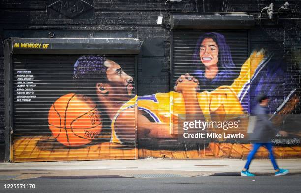 Mural dedicated to Kobe Bryant, Gianna Bryant and the other lives lost in a helicopter crash in January is seen near the Barclays Center on May 17,...