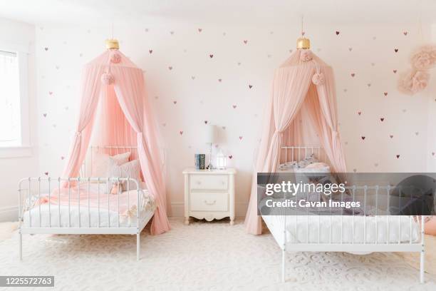 sister room with matching beds and pink canopies - abrigo rosa imagens e fotografias de stock