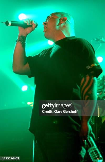 American Rock & Nu Metal musician Aaron Lewis, of the group Staind, sings as he performs onstage at the Hammerstein Ballroom, New York, New York, May...