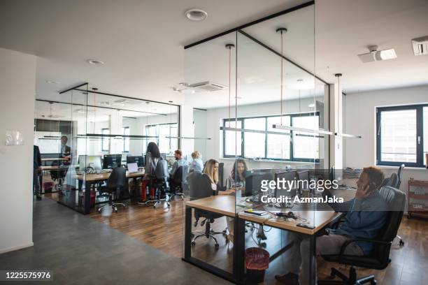 young adult business colleagues working in open plan office - cubicles imagens e fotografias de stock
