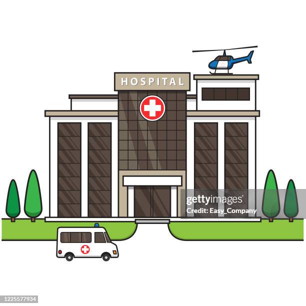 drawing illustration. hospital drawing in flat design. there is an ambulance and helicopter with the red cross symbol. used as a teaching media for teachers or those who want to make children's books. including parents who teach their children in a homesc - hospital helicopter stock illustrations