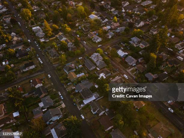 aerial view of portland. or neighborhood at sunset - portland oregon homes stock pictures, royalty-free photos & images