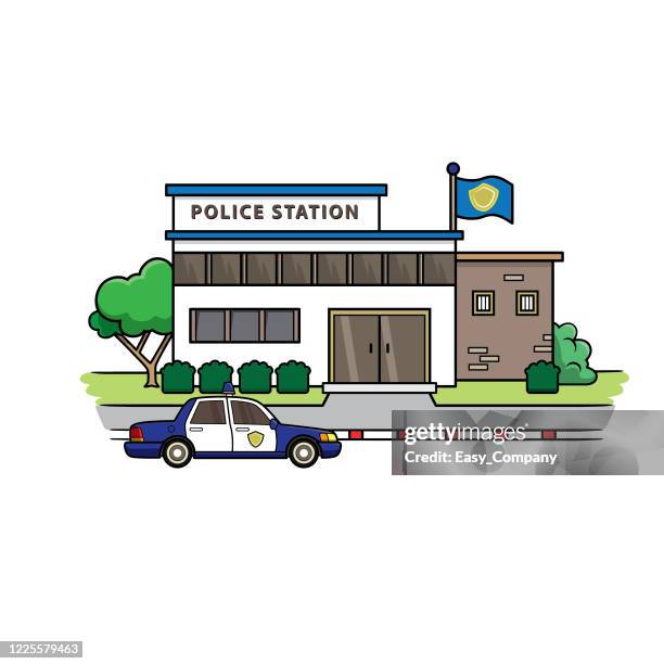 police station illustration in flat design there is a police car parked in front. used as teaching materials for teachers or those who want to make children's books. - police station stock illustrations