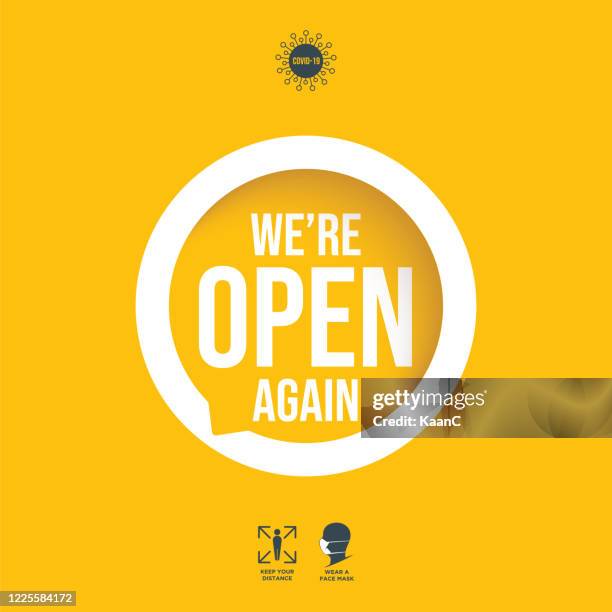 we're open again. covid-19 outbreak influenza as dangerous flu strain cases as a pandemic concept banner flat style illustration stock illustration - reopening ceremony stock illustrations