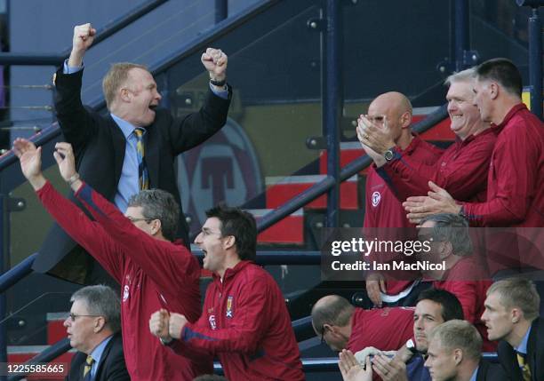 Scotland manager Alex McLeish celebrates during the Euro 2008 Group B qualifying match between Scotland and Ukraine at Hampden Park on October 13,...