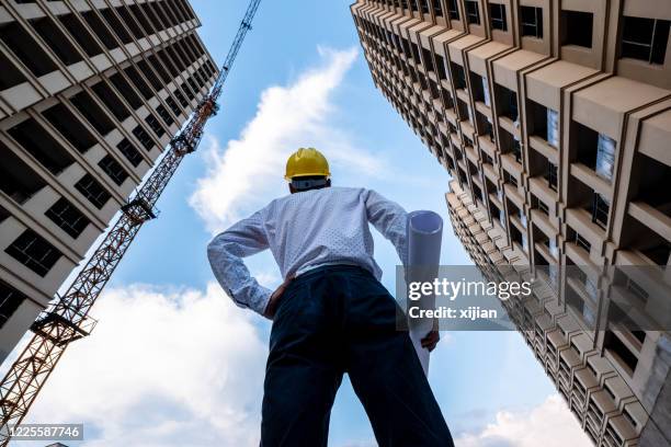 engineer looking up the building he designed proudly - tall high stock pictures, royalty-free photos & images