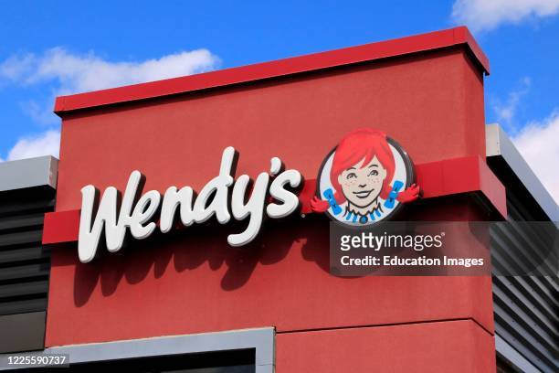 WendyÕs hamburger business logo on store front, northern Idaho.