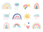 Cute kids nursery collection. Hand drawn rainbows, sun, funny clouds, stars, hearts. Sky background. Baby shower. Lovely cartoon rainbows for wallpaper, fabric, wrapping, apparel. Vector illustration