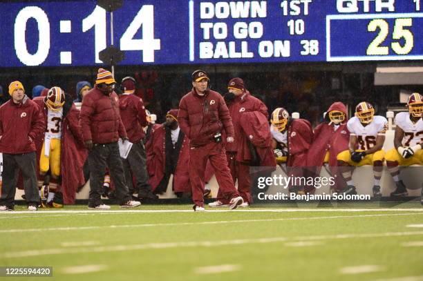 Head coach Mike Shanahan of the Washington Redskins during a game against the New York Giants at Metlife Stadium on December 29, 2013 in East...