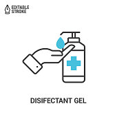 Icon Of Hand Disinfection Using A Sanitizer Gel. Bottle With Sanitizer Isolated On White Background. Concept Of Antibacterial Gel. Outline Vector Icon With Filled Elements And Editable Strokes