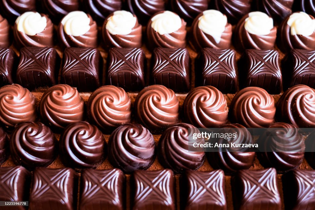 Premium collection of dark, milk and white chocolate sweets, selective focus. Chocolate background. Macro food photography. Collection of candies.
