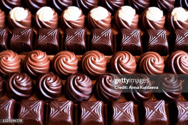 premium collection of dark, milk and white chocolate sweets, selective focus. chocolate background. macro food photography. collection of candies. - chocolate swirls foto e immagini stock