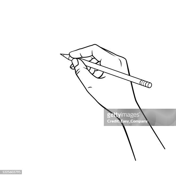 black and white hand holding a red pencil in a white background for assembly or create teaching material for mothers who do homeschool and teachers who find pictures for teaching materials such as flashcards or children's books. - hand stock illustrations