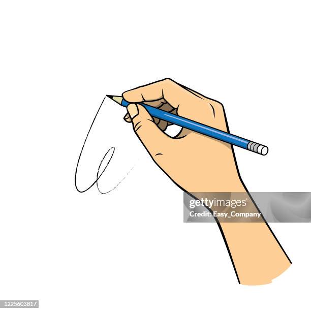 hand holding a blue pencil in a white background for assembly or create teaching material for mothers who do homeschool and teachers who find pictures for teaching materials such as flashcards or children's books. - hand pen stock illustrations