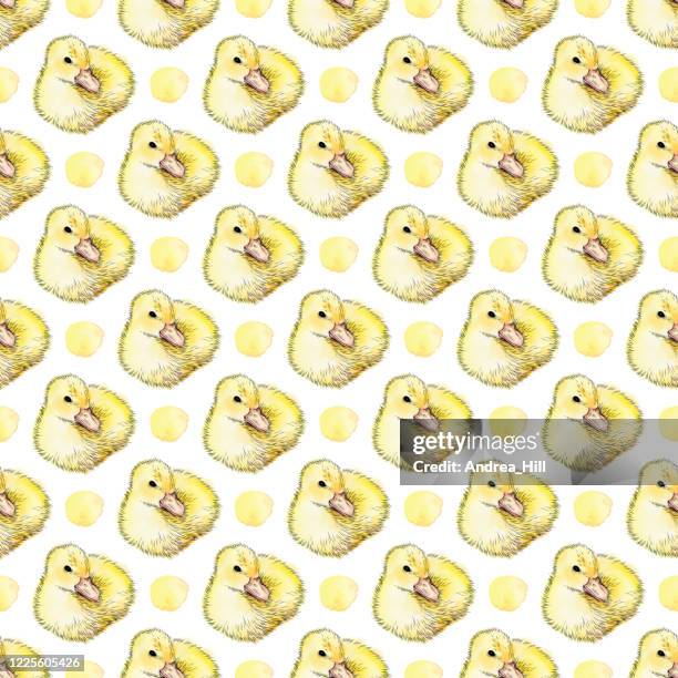 cute duckling seamless pattern - ink and watercolor vector eps10 illustration - yellow duckling stock illustrations