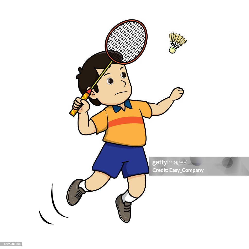 Badminton Player Jumping Drawing Shuttlecock In A White Background For  Assembly Or Creates Teaching Material For