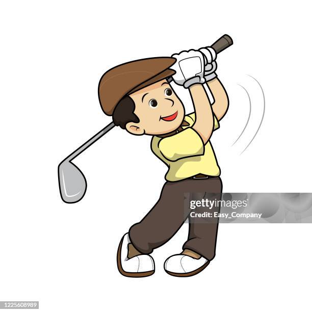 穿著黃色襯��衫和棕色帽子的高爾夫球手處於搖擺姿勢位置,在白色背景中為做家庭教育和教師的媽媽們組裝或製作教材。 - golf swing 幅插畫檔、美工圖案、卡通及圖標