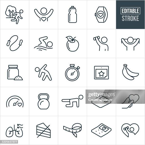 ilustraciones, imágenes clip art, dibujos animados e iconos de stock de iconos de línea fina de fitness - trazo editable - tracker-icon-vector