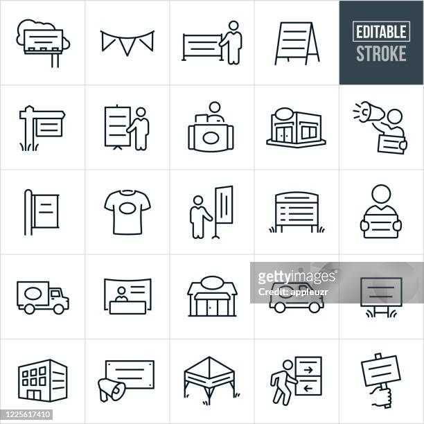 banners, displays and signs thin line icons - editable stroke - placard stock illustrations