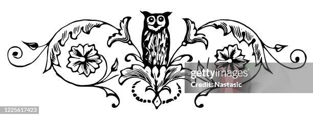 vintage seite ornament, eule - black flower tattoos stock-grafiken, -clipart, -cartoons und -symbole