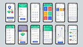 Delivery food unique design kit for mobile app. Online fast food order screens with restaurant menu.