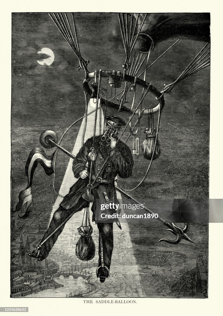 Victorian daredevil flying on a saddle balloon, 19th Century