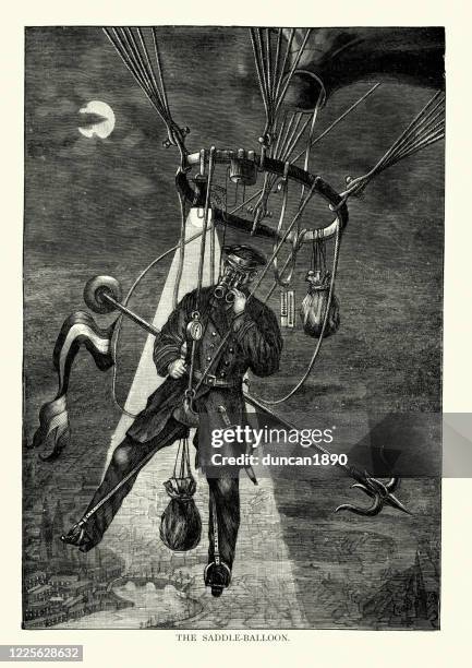 victorian daredevil flying on a saddle balloon, 19th century - steam punk stock illustrations