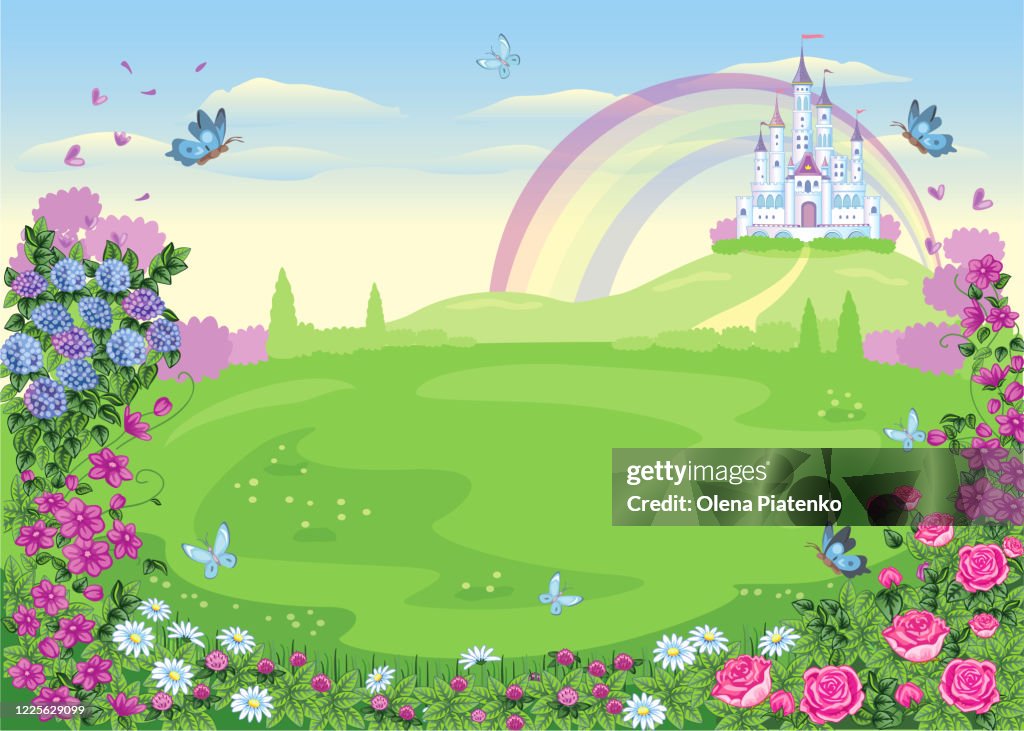 Fondo De Cuento De Hadas Con Prado De Flores Wonderland Dibujos Animados Ilustración Infantil El Castillo De La Princesa Y El Arco Iris Fabuloso Paisaje Hermoso Parque O Jardín Con Rosas Y Fondo De Cuento De Hadas Con Prado De Flores Wonderland Dibujos Animados Ilustración Infantil El Castillo De La Princesa Y El Arco Iris Fabuloso Paisaje Hermoso Parque O Jardín Con Rosas Y