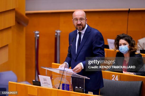 European Council President Charles Michel speaks during a plenary session at the European Parliament in Brussels on July 8, 2020 upon the presention...