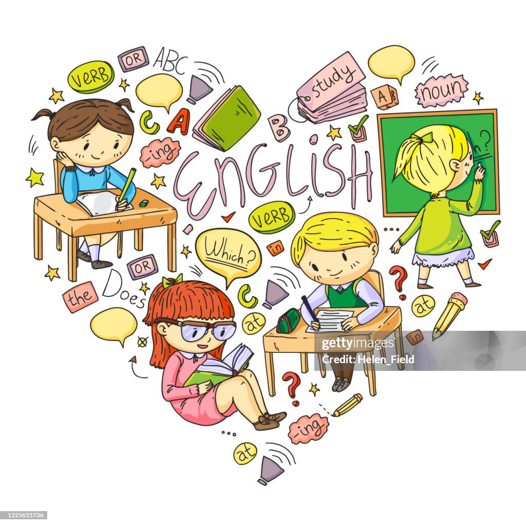 Language Learning Drawing English School For Children Learn Language Education Vector ...