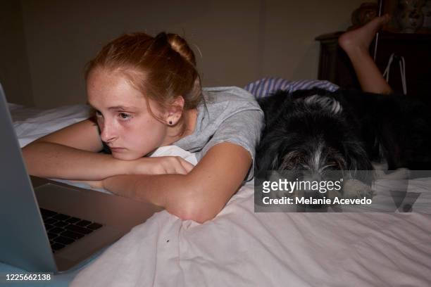 teenage girl with long red hair brown eyes and freckles lying on her stomach looking at her laptop next to black dog on bed camera flash - camera flashes foto e immagini stock