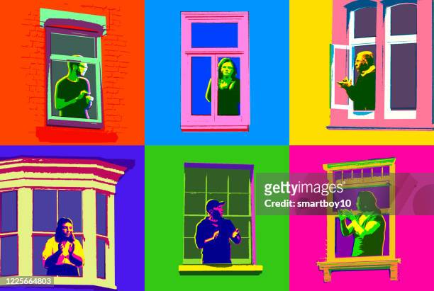 stockillustraties, clipart, cartoons en iconen met mensen die door vensters tijdens lockdown kijken - looking through window