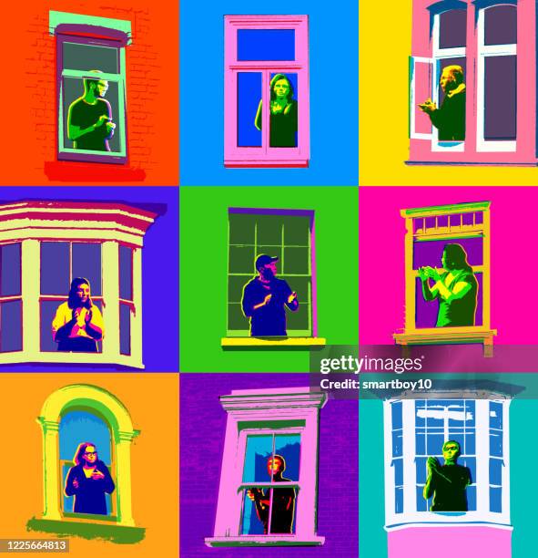 people looking through windows during lockdown - old apartment building exterior stock illustrations
