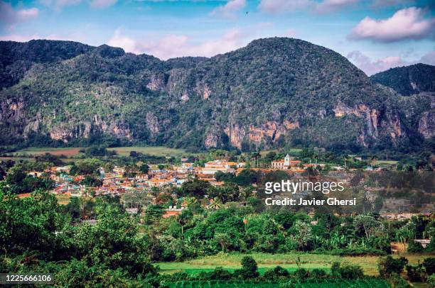 vista panorámica del valle de viñales, sus casas y sus "mogotes" (montañas). cuba. - viñales cuba stock pictures, royalty-free photos & images