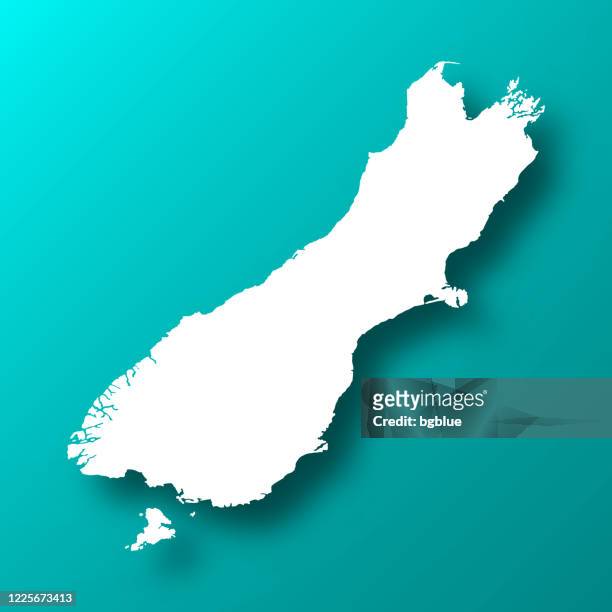 south island map on blue green background with shadow - christchurch new zealand stock illustrations