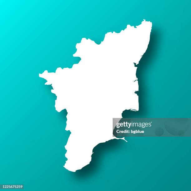 stockillustraties, clipart, cartoons en iconen met tamil nadu kaart op blauwe groene achtergrond met schaduw - tamil nadu