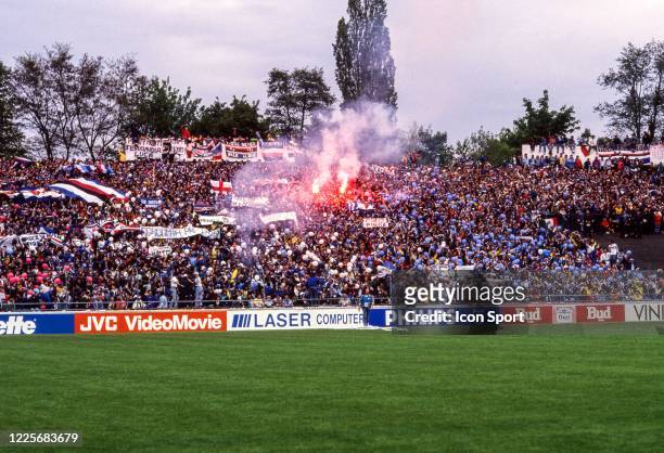 Fans Sampdoria with lightfire during the European Cup Winners Cup Final match between Barcelona and Sampdoria, at Wankdorf Stadium, Bern,...