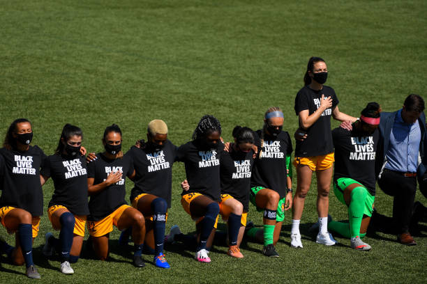 Kelley O'Hara of Utah Royals FC stands during the national anthem before a game against the OL Reign on day 6 of the NWSL Challenge Cup at Zions Bank...