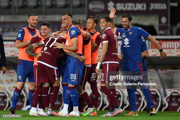 Simone Zaza of Torino FC celebrates a goal with team mates during the Serie A match between Torino FC and Brescia Calcio at Stadio Olimpico di Torino...