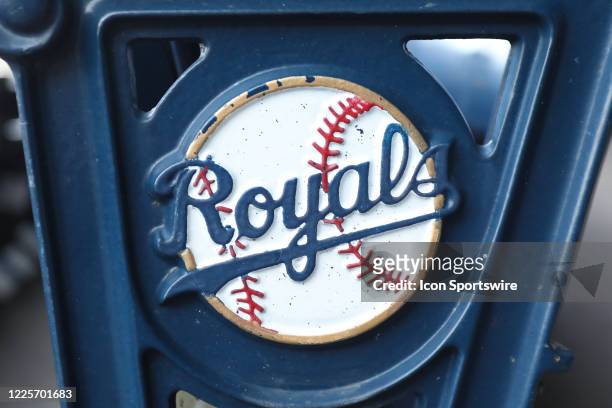 View of the Kansas City Royals logo on a seat during the Royals summer camp workouts on July 08, 2020 at Kauffman Stadium in Kansas City, MO.