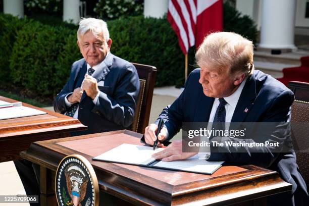 President Donald J. Trump and President of the United Mexican States Andres Manuel Lopez Obrador sign a joint declaration on the new USMCA agreement...