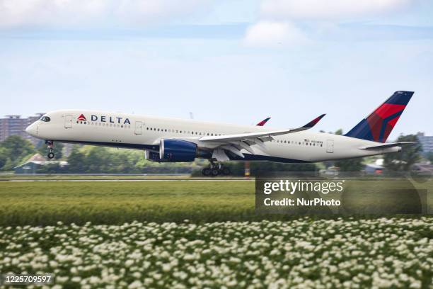 Delta Air Lines Airbus A350-900 aircraft as seen on final approach landing at Amsterdam Schiphol AMS EHAM airport in the Netherlands. The Delta...