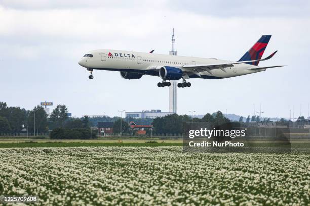 Delta Air Lines Airbus A350-900 aircraft as seen on final approach landing at Amsterdam Schiphol AMS EHAM airport in the Netherlands. The Delta...