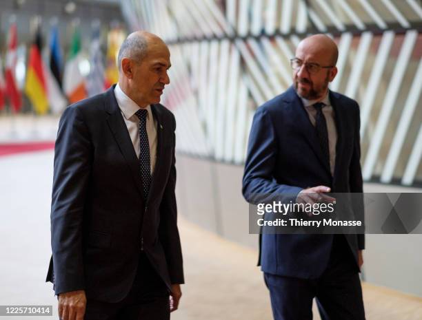 Slovenian Prime Minister Janez Jansa is welcomed by the President of the European Council Charles Michel prior to a bilateral meeting in the Europa...