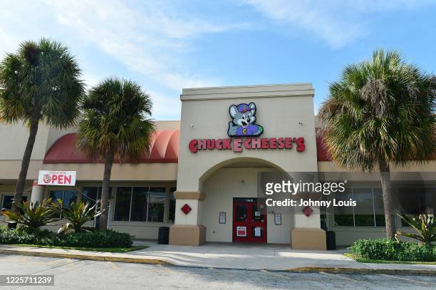 Exterior view of Chuck E. Cheese, which is open on July 08, 2020 in Pembroke Pines, Florida. Chuck E. Cheese is closing 34 locations across the US...