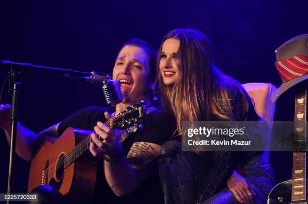 Travis McCready and Lauren Brown perform on stage during the first socially-distanced concert at TempleLive in on May 18, 2020 in Fort Smith,...