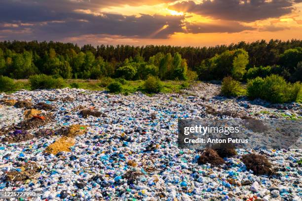 aerial view of dump or landfill in forest. pollution concept, top view. - landfill foto e immagini stock