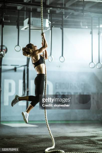 entschlossene athletische frau bewegt das seil in einem fitness-studio. - women working out gym stock-fotos und bilder