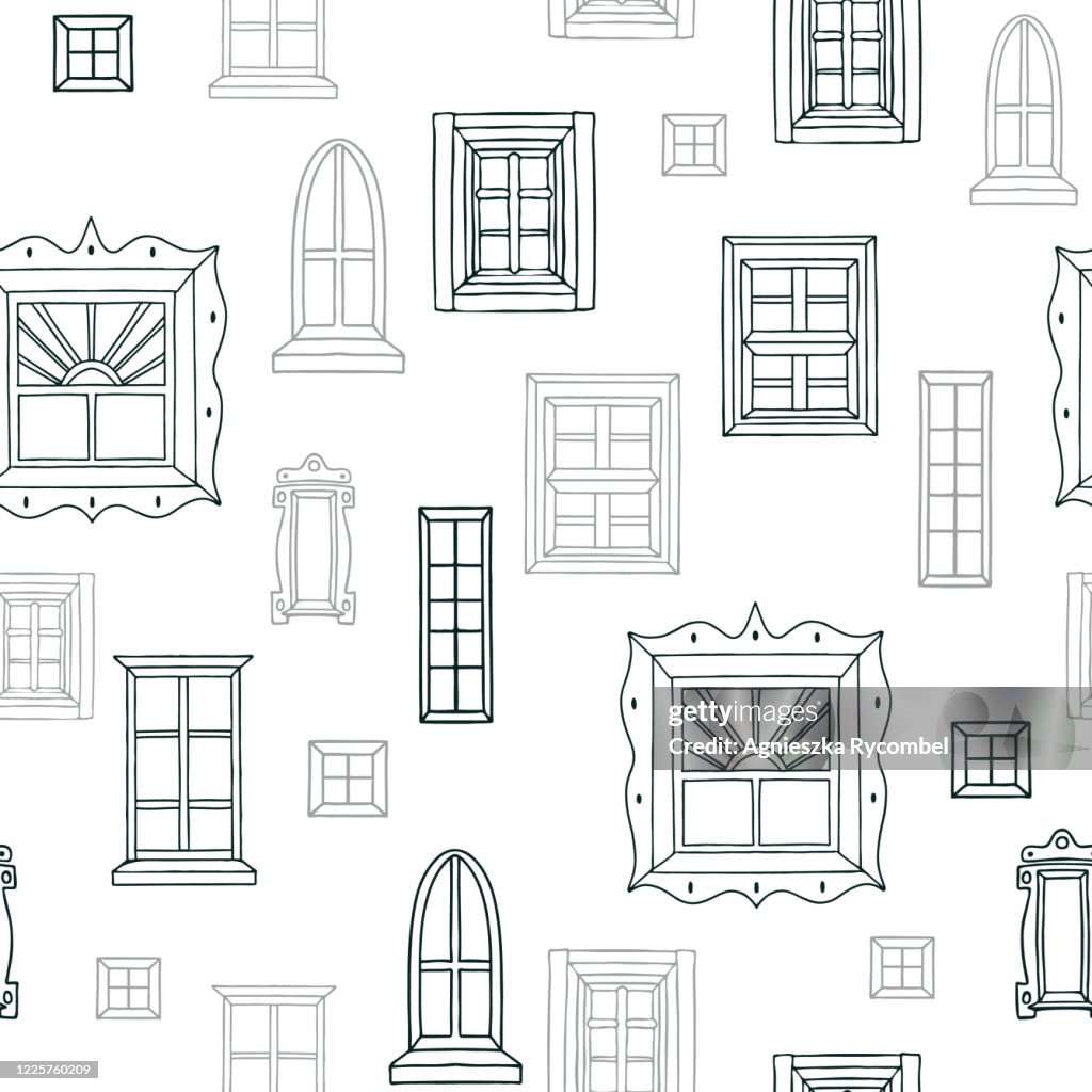 Continuous Linear Window Pattern Vector Hand Drawn Window Lineart On White Seamless Pattern Background ...