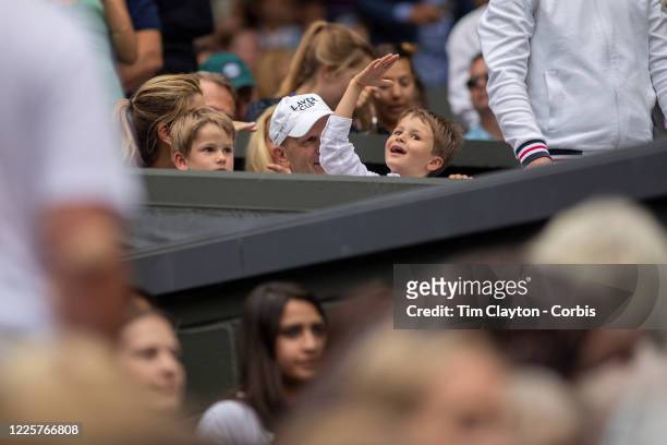 July 08: Mirka Federer, wife of Roger Federer of Switzerland with their sons Leo and Lenny during his match against Matteo Berrettini of Italy on...